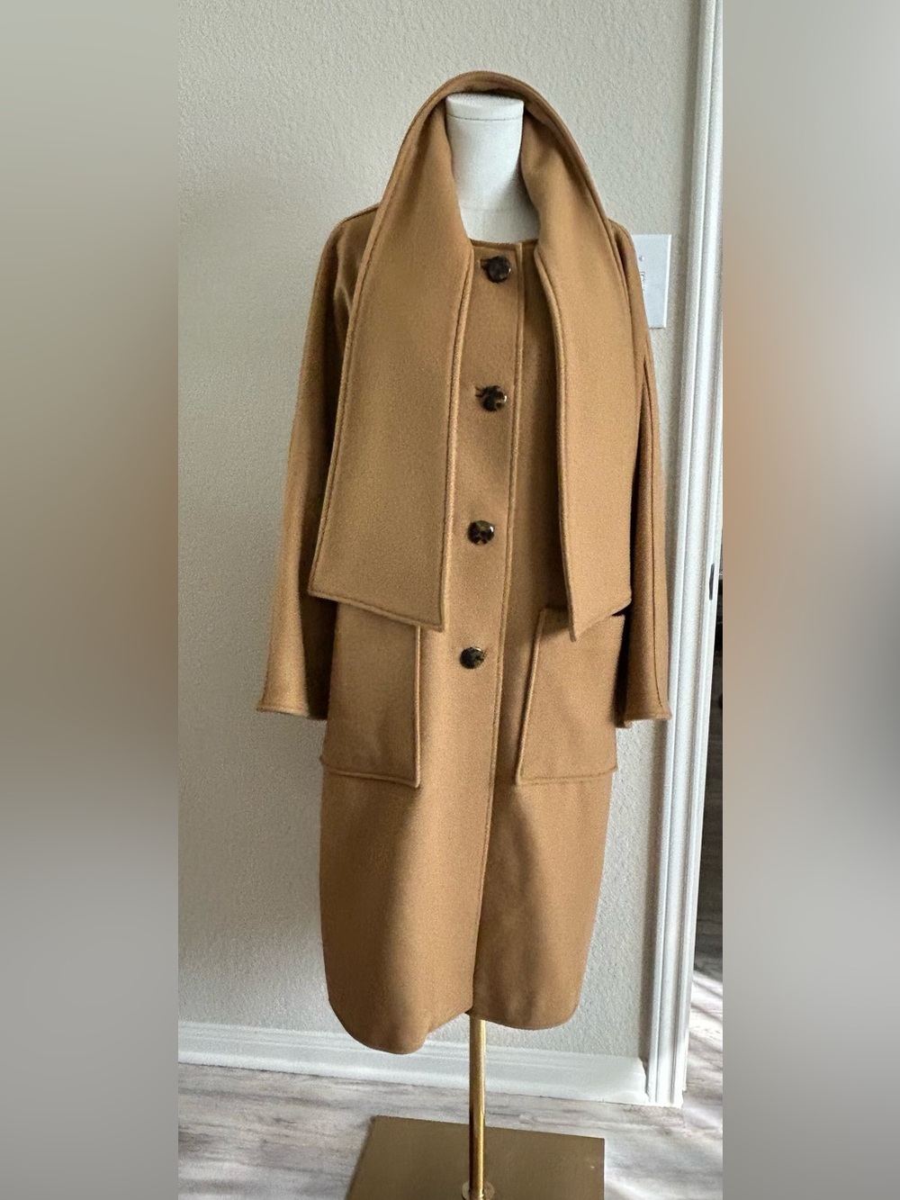Tory Burch Camel Scarf-Detail Wool Trench Coat